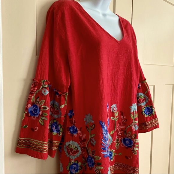 CALESSA Red Cotton Tunic Top Plus Size 1X Boho Embroidered Floral  V-neck Summer - Picture 2 of 14